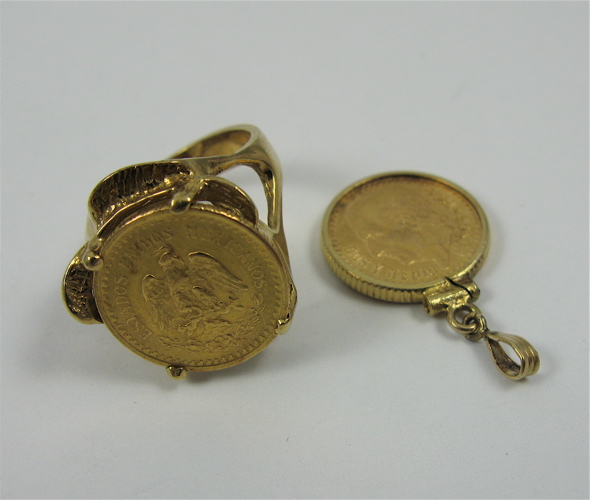 Appraisal: GOLD COIN RING AND PENDANT each set with a Mexican