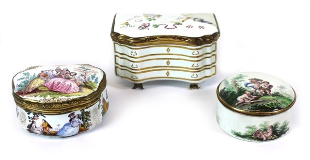 Appraisal: Four Continental gilt-metal mounted enamel snuff-boxes th century painted with