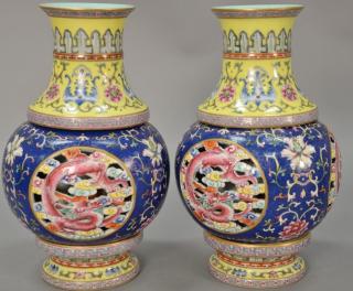 Appraisal: Pair of famille rose two part vases having blue and