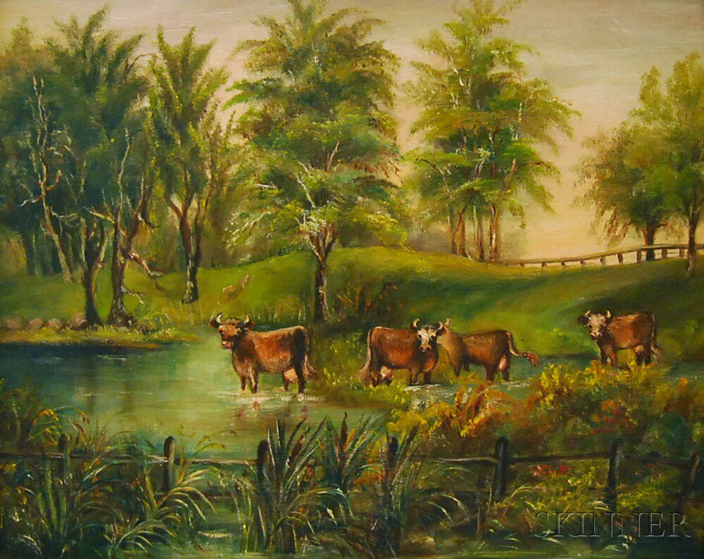 Appraisal: American School th Century Summer Landscape with Cows in a