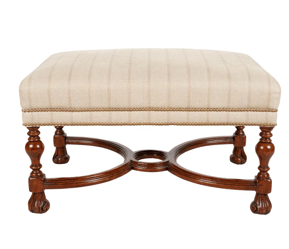 Appraisal: UPHOLSTERED CARVED OAK BENCHcovered with striped natural-colored linen fabric inches