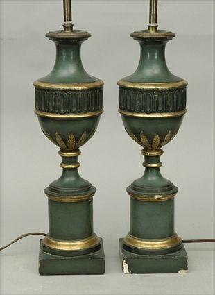 Appraisal: Pair of Green Painted and Parcel-Gilt Lamps