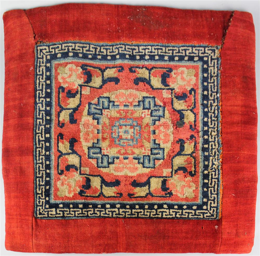 Appraisal: TIBETAN WOOL CARPET now converted into a kneeler fashioned from