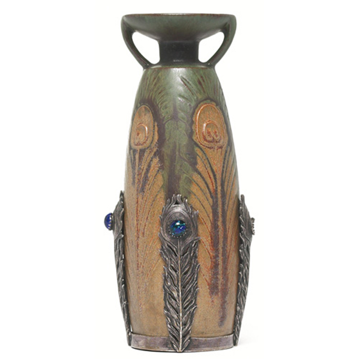 Appraisal: Denbac vase carved peacock feathers covered with a brown green