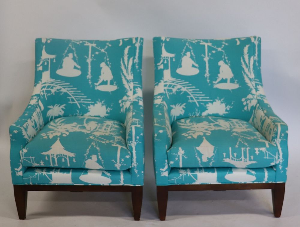 Appraisal: Signed Vintage Pair Of upholstered Fireside Chairs Signed and with