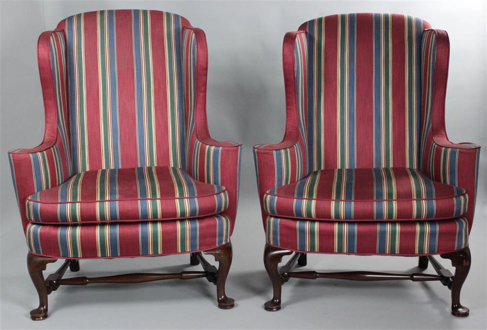 Appraisal: PAIR OF GEORGIAN STYLE STRIPED WING ARM CHAIRS high curved