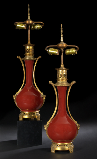 Appraisal: Pair of Chinese Oxblood-Glazed Porcelain Long-Neck Vases mounted in Napoleon