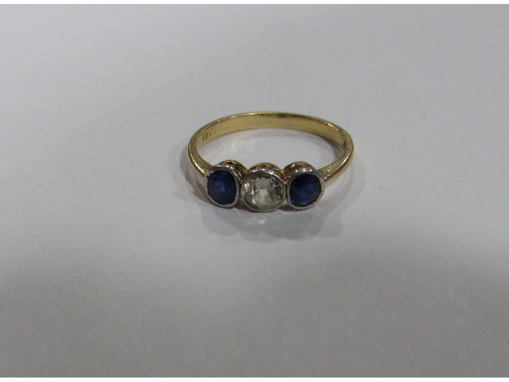 Appraisal: Nineteen thirties ct gold sapphire and diamond three stone ring