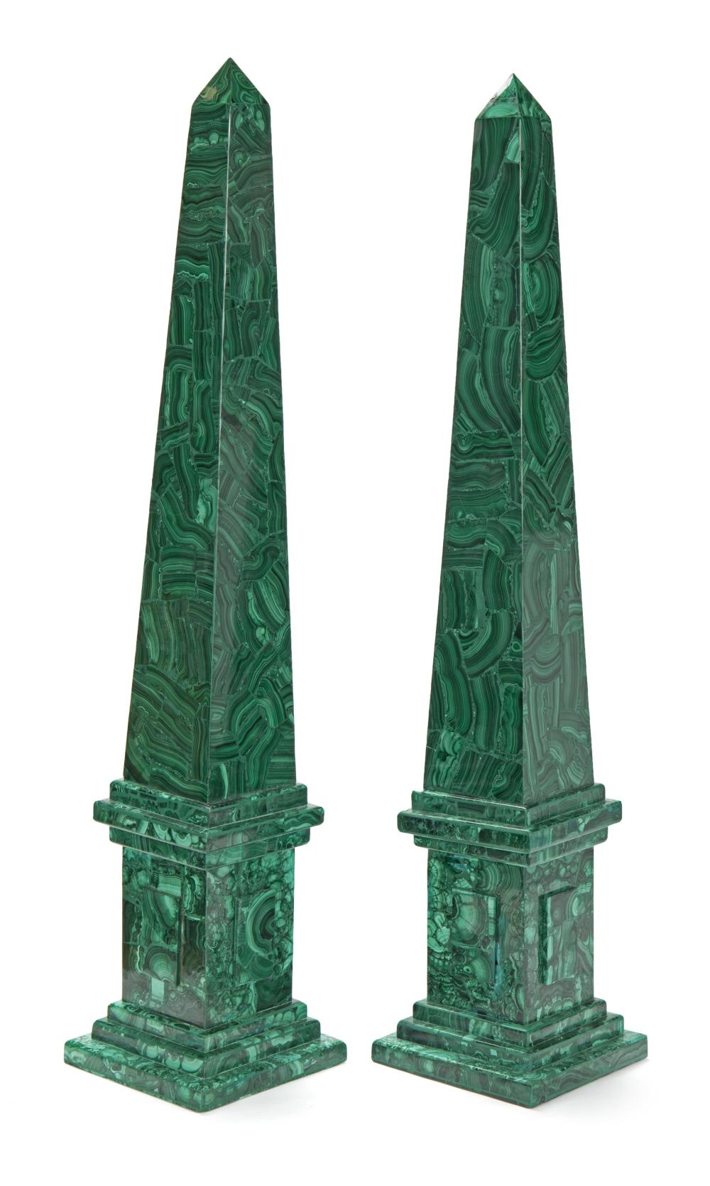 Appraisal: A pair of large malachite obelisks th Century With malachite