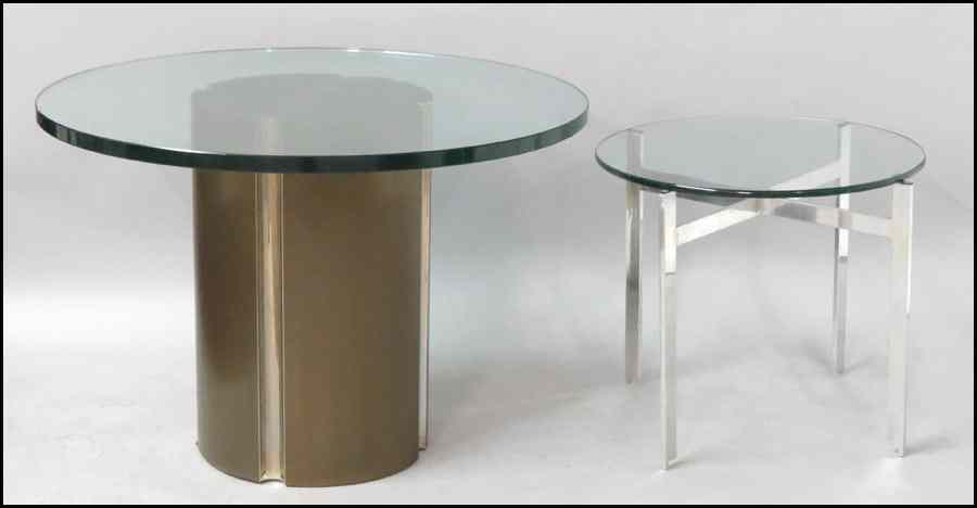 Appraisal: CONTEMPORARY GLASS AND METAL PEDESTAL TABLE Together with a chrome