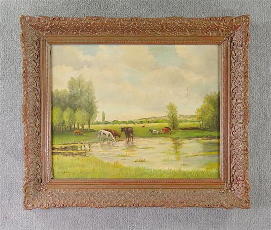 Appraisal: Oil on Panel Pastoral Scene Pasture cattle and pond beside