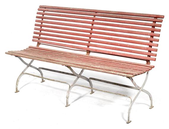 Appraisal: GARDEN BENCH Switzerland Red painted wood folding iron frame L