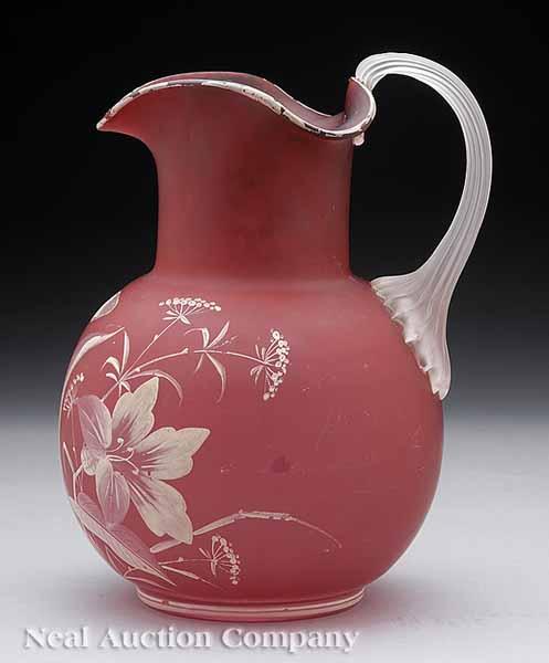 Appraisal: An American or English Rose-Colored Satin Glass Pitcher c mouth