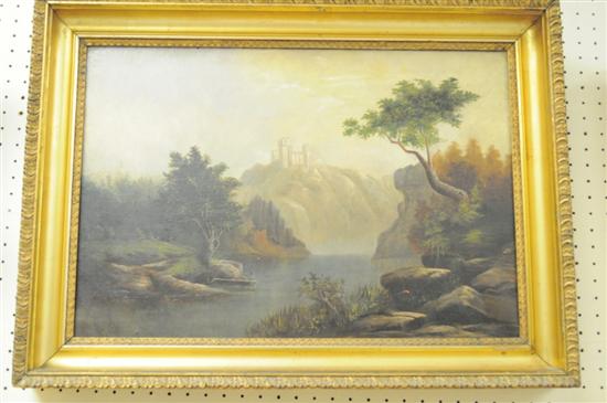 Appraisal: Unsigned oil on canvas landscape with river a man in