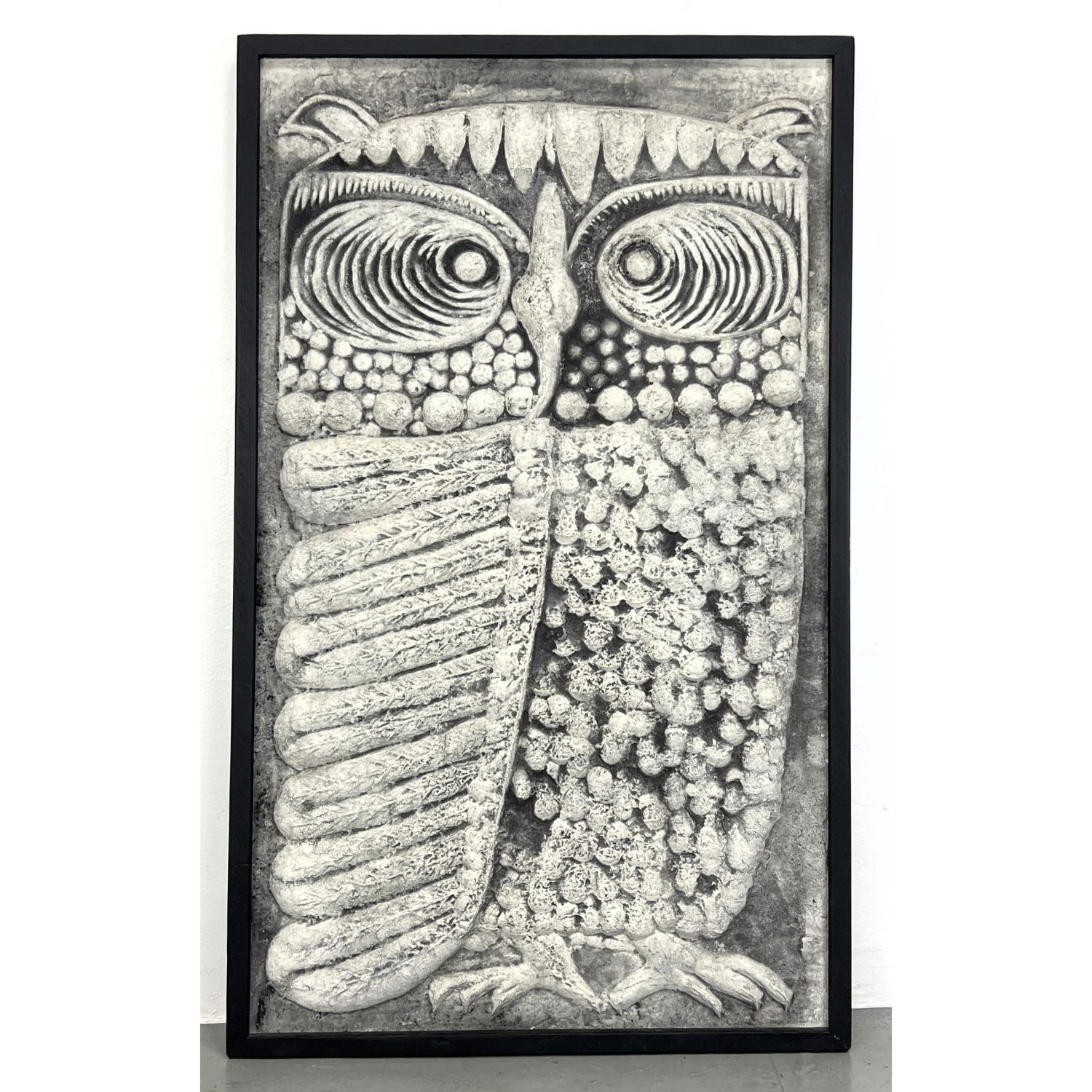 Appraisal: RENDALL Owl Relief Sculptural Panel Framed Oyster Eyed Owl Signed