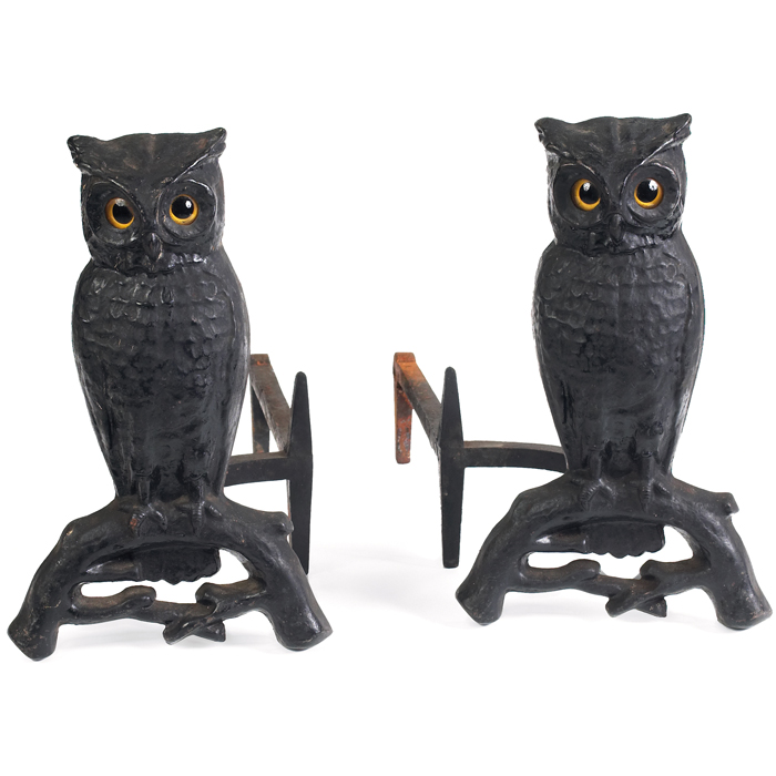 Appraisal: Arts and Crafts andirons owl motif in wrought iron with