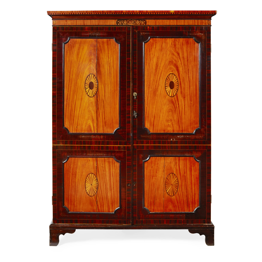 Appraisal: VICTORIAN MAHOGANY SATINWOOD AND ROSEWOOD WARDROBE TH CETURY the dentil