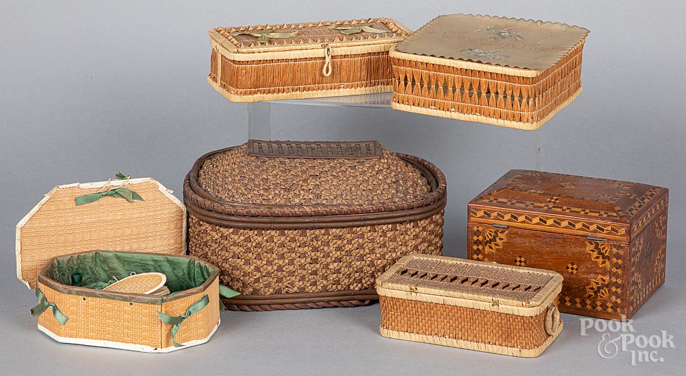 Appraisal: Five Shaker baskets together with a dresser box Five Shaker