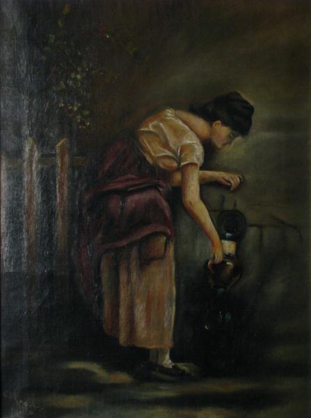 Appraisal: Vintage Decorator Oil Painting depicting a woman at a well