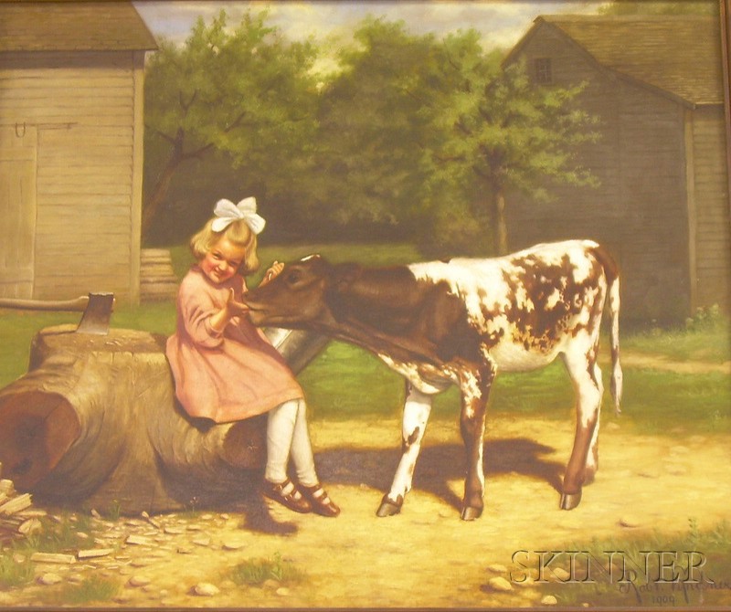 Appraisal: Framed Oil on Canvas Barn Scene with Young Girl and