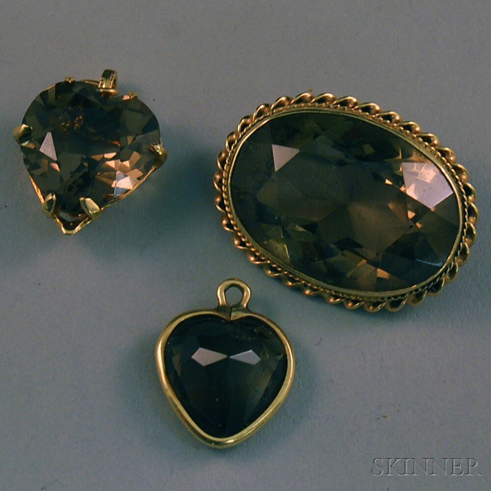 Appraisal: Three Pieces of kt Gold-mounted Smoky Topaz Jewelry an oval