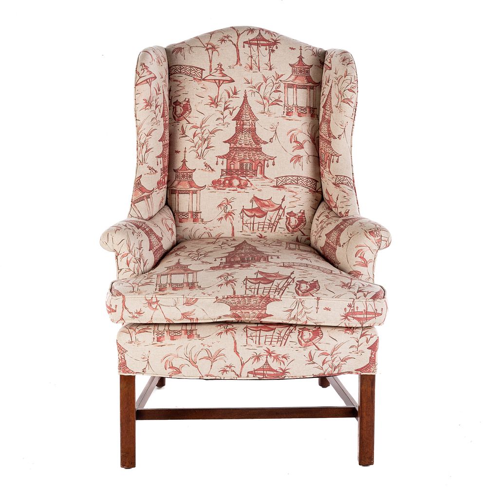 Appraisal: Chippendale Style Upholstered Wing Chair Mahogany frame with Chinoiserie upholstery