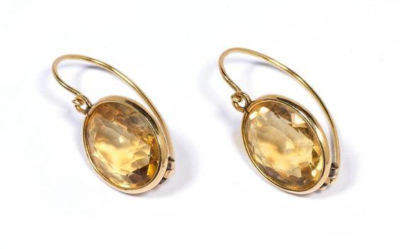 Appraisal: CITRINE AND GOLD EAR PENDANTS th century Yellow gold Decorative