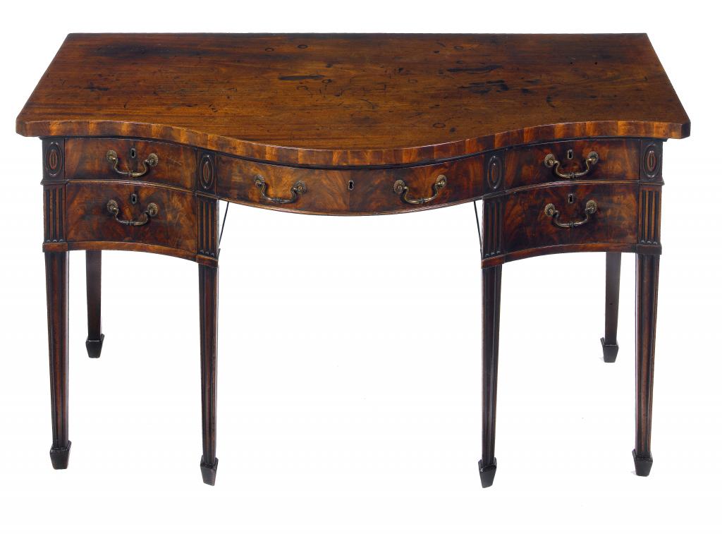 Appraisal: A GEORGE III MAHOGANY SERPENTINE SIDEBOARD fitted five drawers flanked