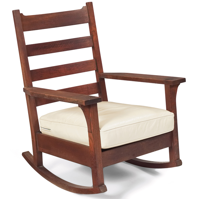 Appraisal: Gustav Stickley rocker notched rail at back over three horizontal