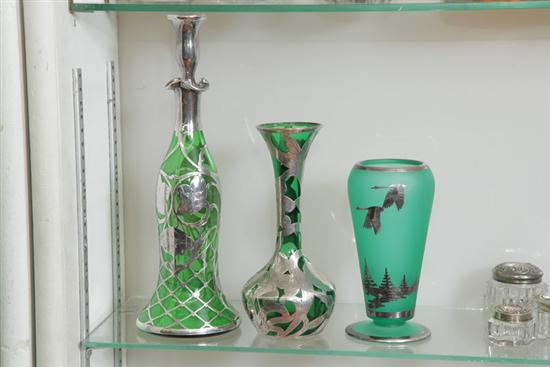 Appraisal: THREE SILVER OVERLAY ITEMS A green satin glass Tiffin vase