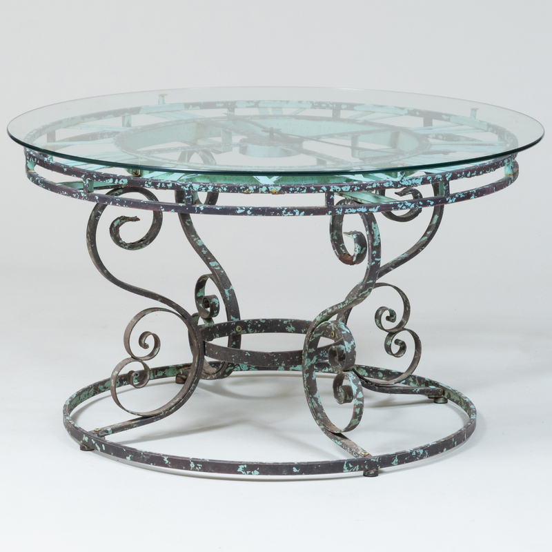 Appraisal: Contemporary Green Painted Wrought-Iron and Glass Clock-Form Table x in