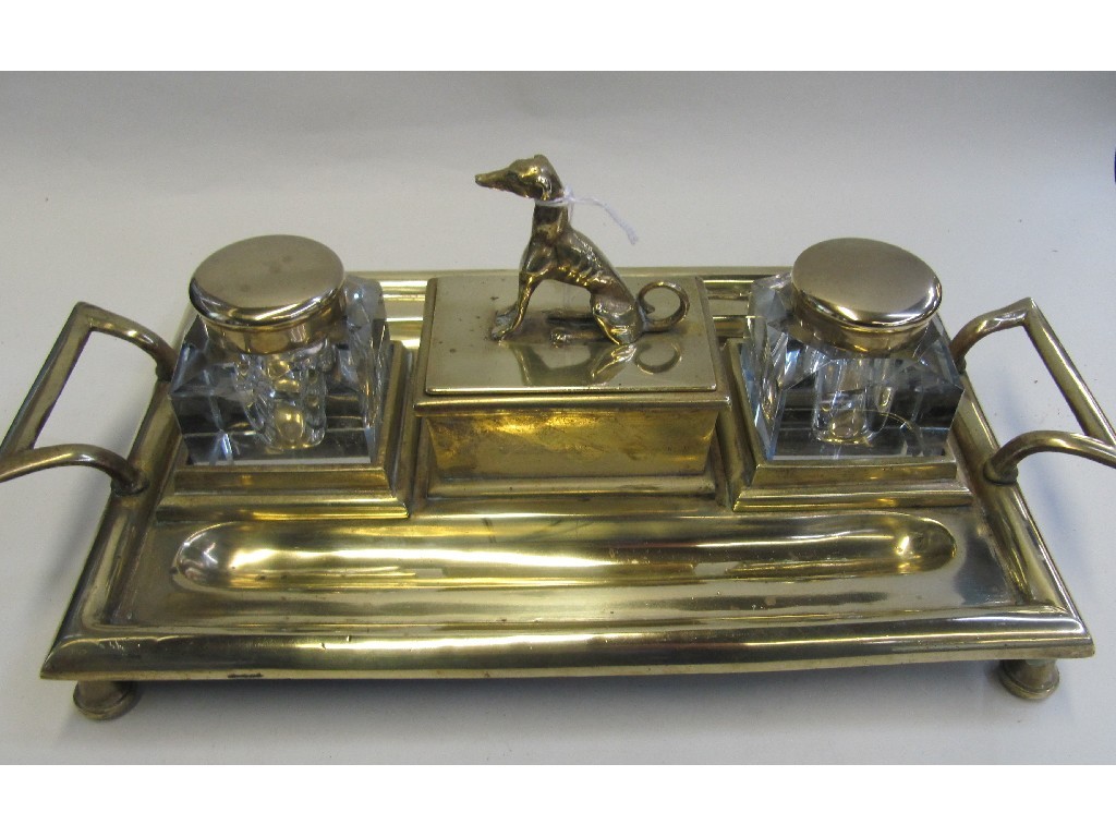 Appraisal: Brass inkstand with greyhound finial