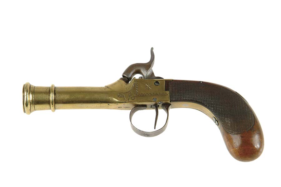 Appraisal: BELGIAN CENTER HAMMER PERCUSSION PISTOL Cal About All brass pistol