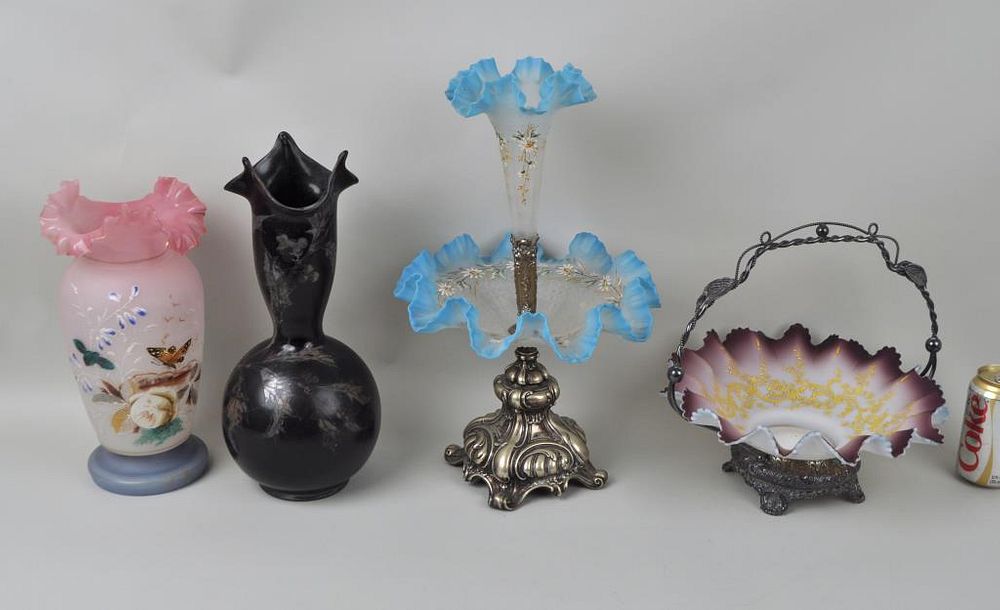 Appraisal: Group Victorian Ruffled Glass Table Wares comprising banquet basket epergne