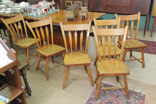 Appraisal: SIX SIDECHAIRS Pine arrowback chairs with incised legs joined by