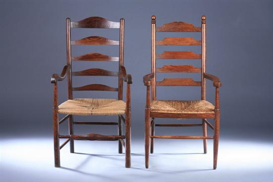 Appraisal: TWO SIMILAR FRENCH PROVINCIAL OAK LADDER-BACK ARM CHAIRS th century