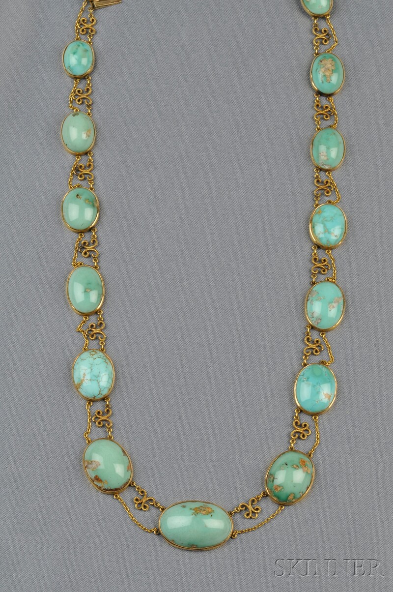 Appraisal: Art Nouveau kt Gold and Turquoise Necklace bezel-set with fourteen