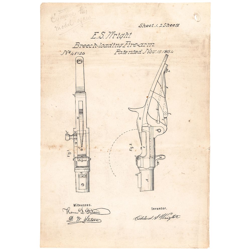 Appraisal: Rare E S Wright Breech-Loading Firearm Patent Application Drawing Civil