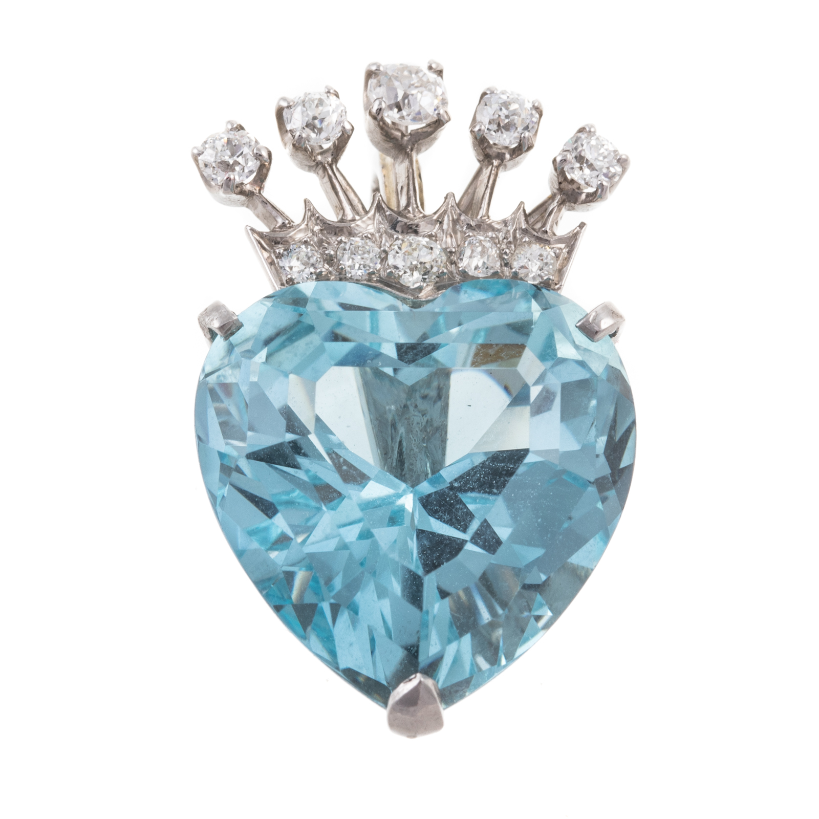 Appraisal: AN EDWARDIAN PLATINUM AQUAMARINE HEART CROWN Platinum Edwardian pendant featuring