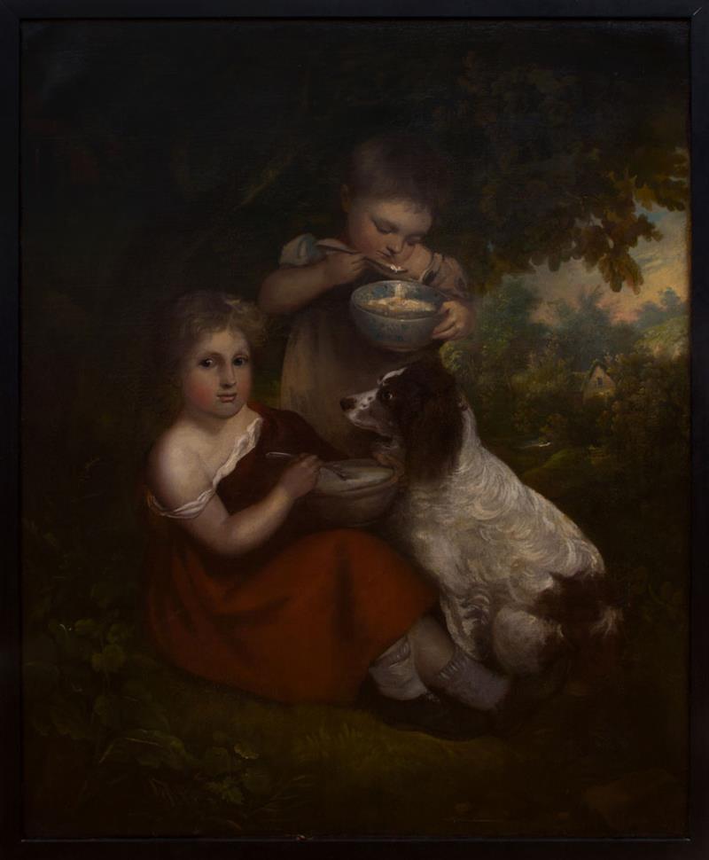 Appraisal: ENGLISH SCHOOL CHILDREN WITH DOG Oil on canvas unsigned lined