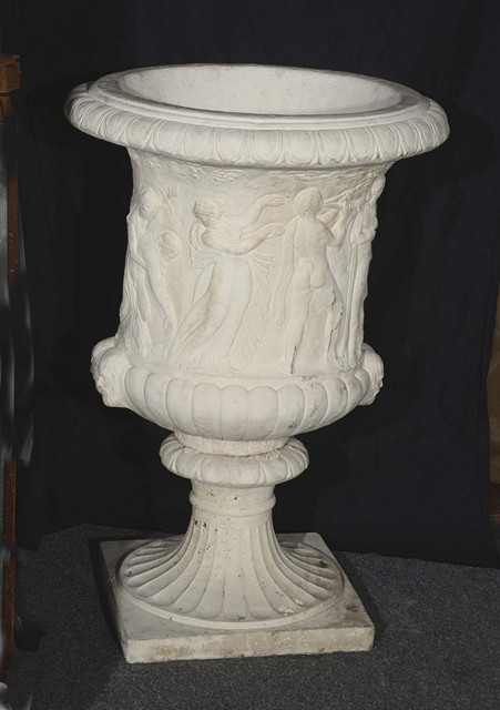 Appraisal: A PAIR OF RECONSTITUTED STONE CAMPANA STYLE GARDEN URNS with