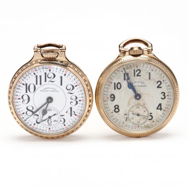 Appraisal: Two Vintage Gold Filled Railway Special Pocket Watches Hamilton The