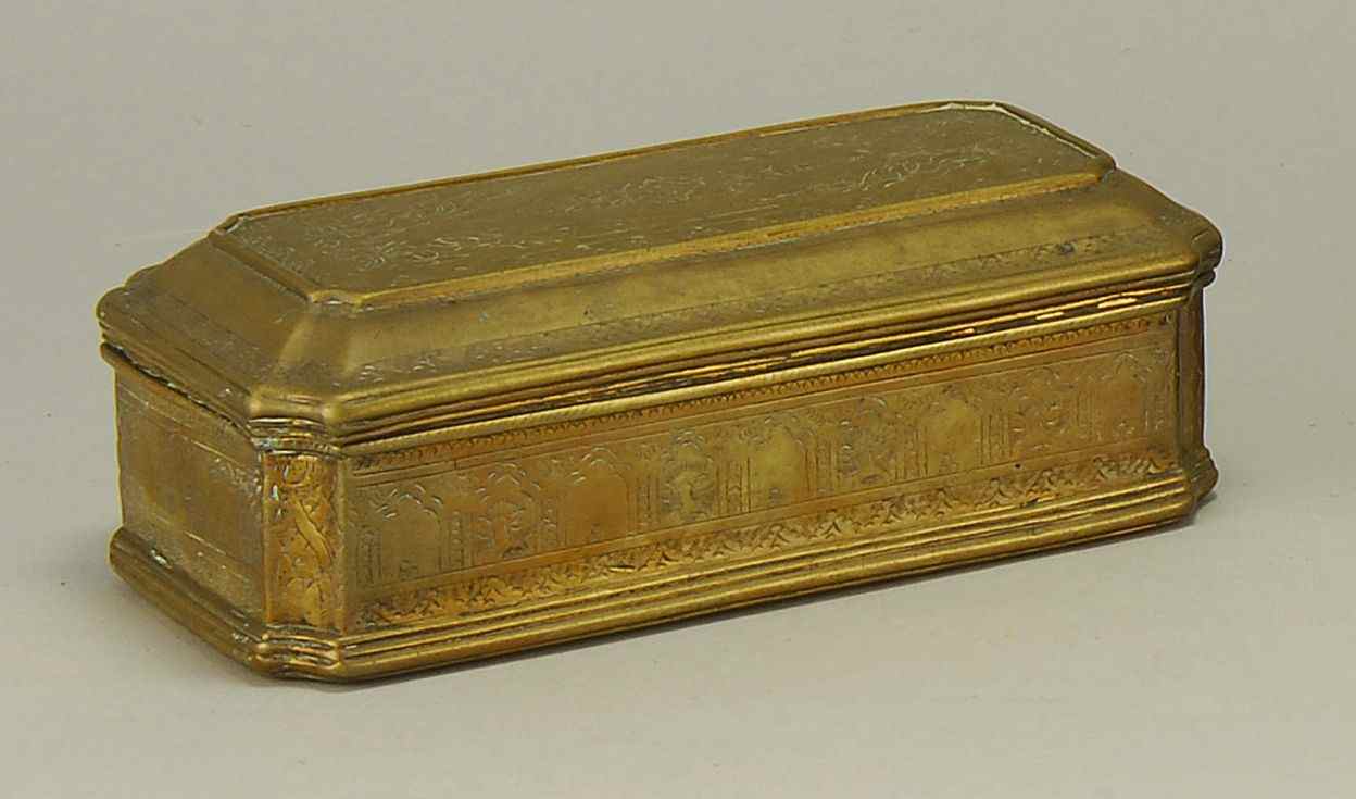 Appraisal: DUTCH OVERSIZE ENGRAVED BRASS TOBACCO BOXLate th Early th CenturyHeight