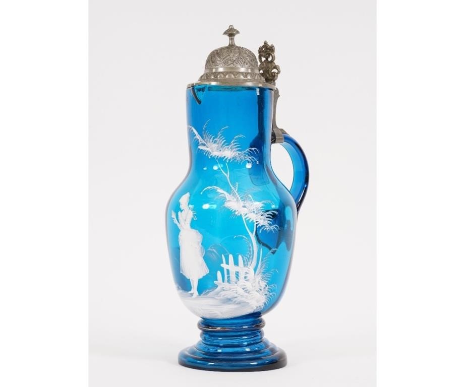 Appraisal: Large blue Mary Gregory glass pitcher with pewter lid circa