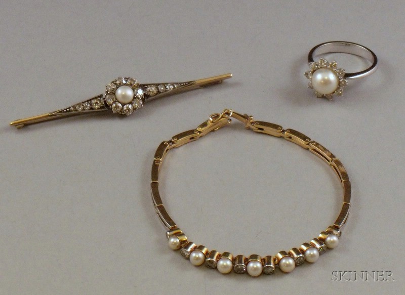 Appraisal: Three Pieces of Gold Pearl and Diamond Jewelry including a