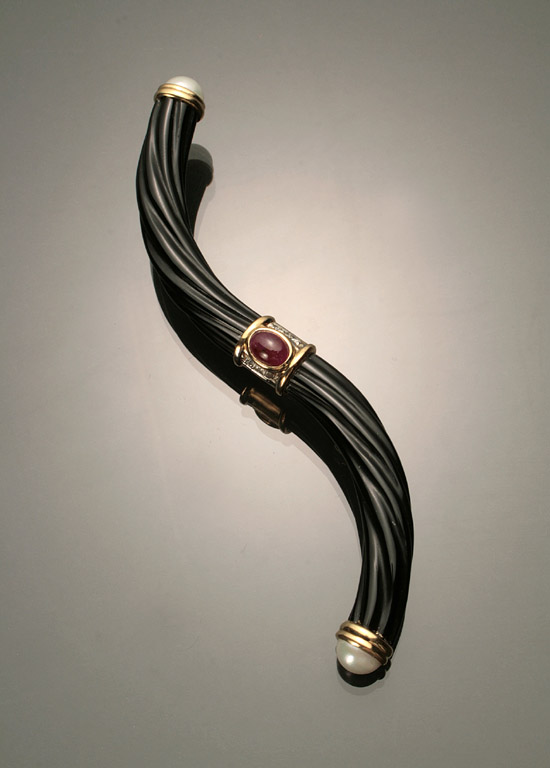 Appraisal: -Karat Yellow-Gold Diamond Ruby Cultured Pearl and Black Onyx Brooch