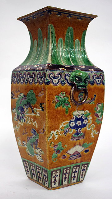 Appraisal: AN ANTIQUE CHINESE YELLOW GROUND SQUARE VASE decorated with dogs