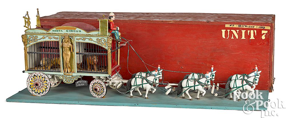 Appraisal: Folk art horse drawn circus cage wagon Handmade folk art