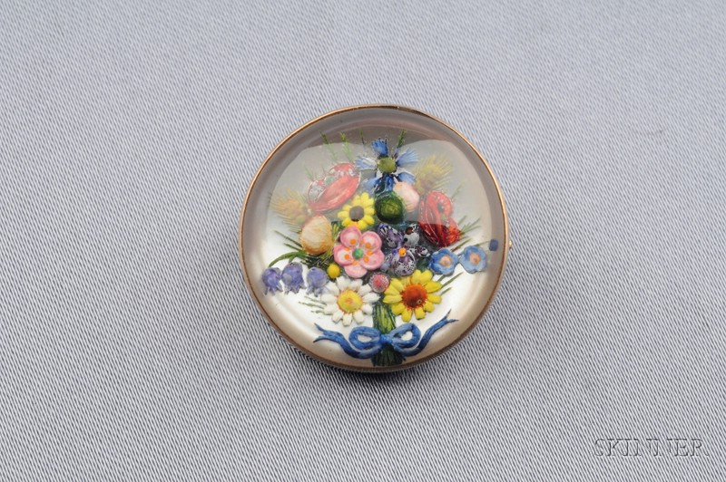 Appraisal: Antique kt Gold and Reverse-painted Crystal Brooch depicting a bouquet