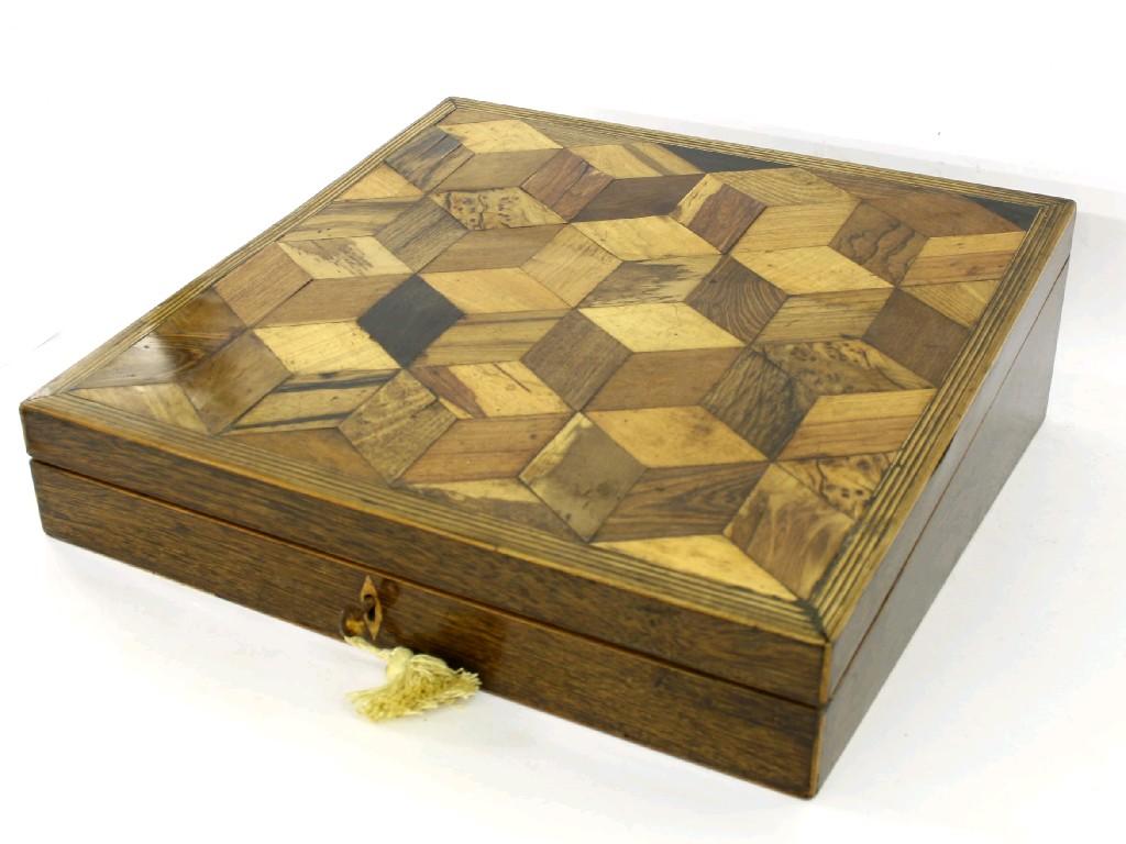 Appraisal: th century parquetry folding writing slope the hinged top opening